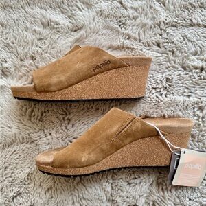 Papillio Suede Tan Wedge Slide Sandals